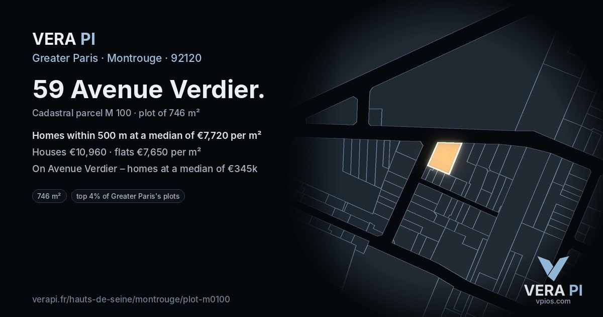59 Avenue Verdier, Montrouge at night – the plot lit, the parcels around coloured by the prices near them