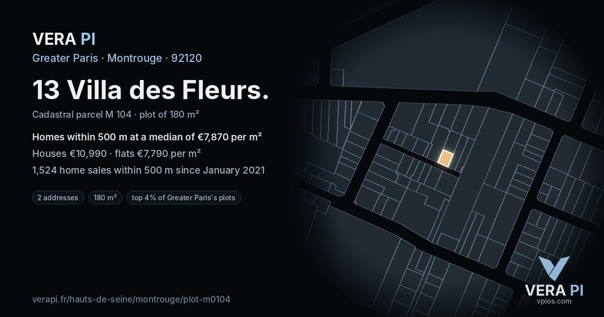 13 Villa des Fleurs, Montrouge at night – the plot lit, the parcels around coloured by the prices near them