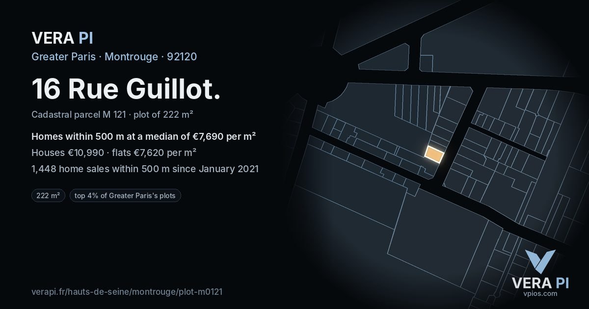 16 Rue Guillot, Montrouge at night – the plot lit, the parcels around coloured by the prices near them