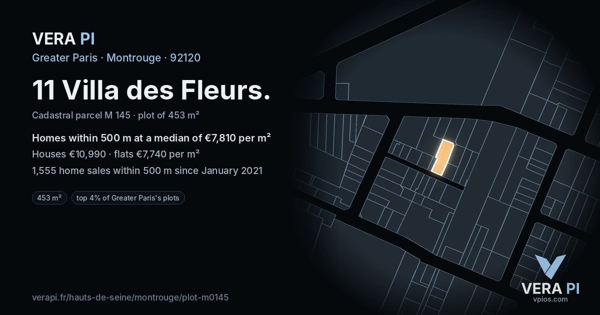 11 Villa des Fleurs, Montrouge at night – the plot lit, the parcels around coloured by the prices near them