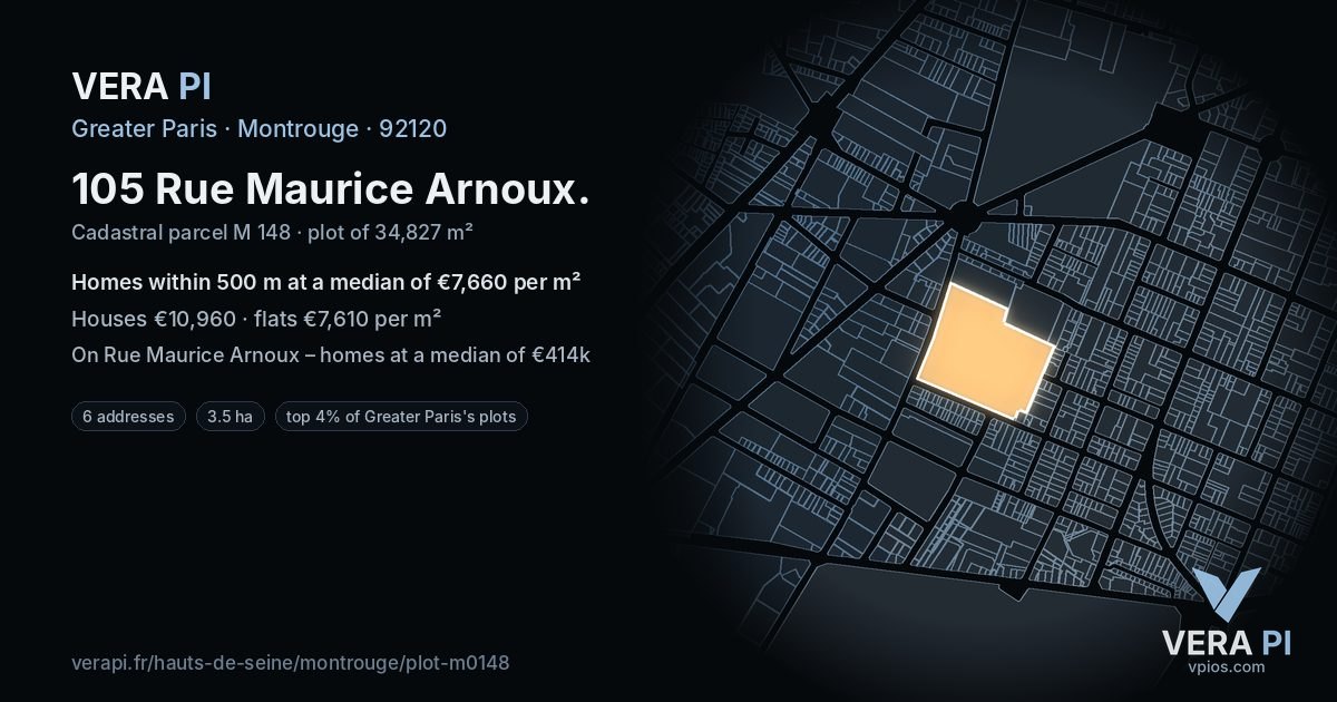 105 Rue Maurice Arnoux, Montrouge at night – the plot lit, the parcels around coloured by the prices near them