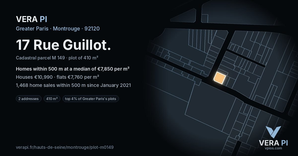 17 Rue Guillot, Montrouge at night – the plot lit, the parcels around coloured by the prices near them