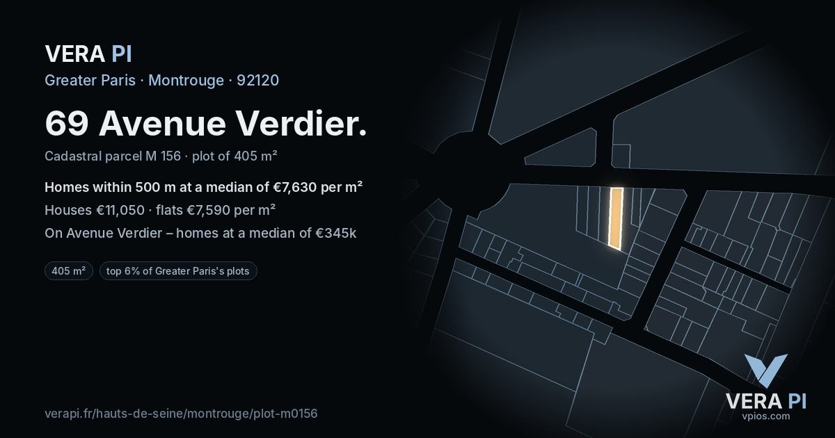 69 Avenue Verdier, Montrouge at night – the plot lit, the parcels around coloured by the prices near them
