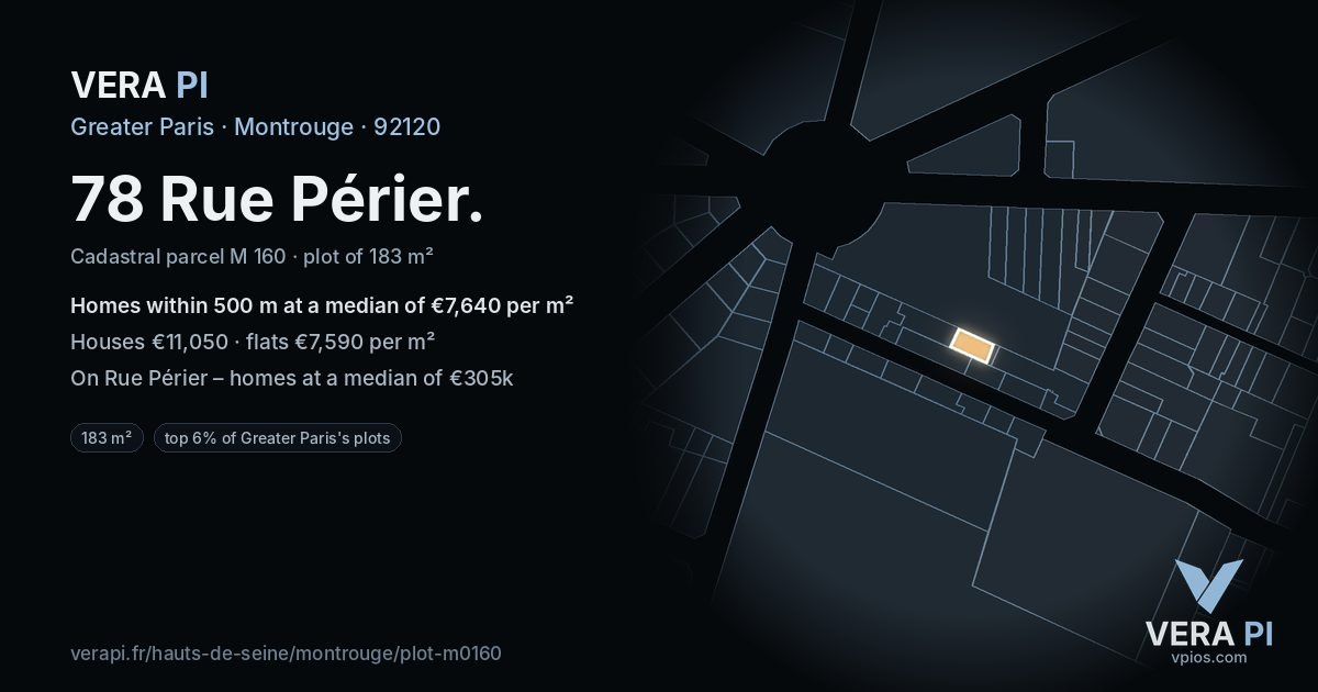 78 Rue Périer, Montrouge at night – the plot lit, the parcels around coloured by the prices near them