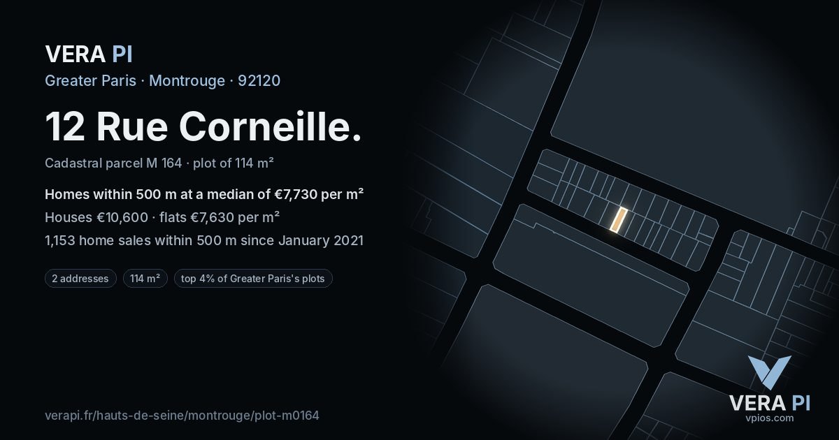 12 Rue Corneille, Montrouge at night – the plot lit, the parcels around coloured by the prices near them