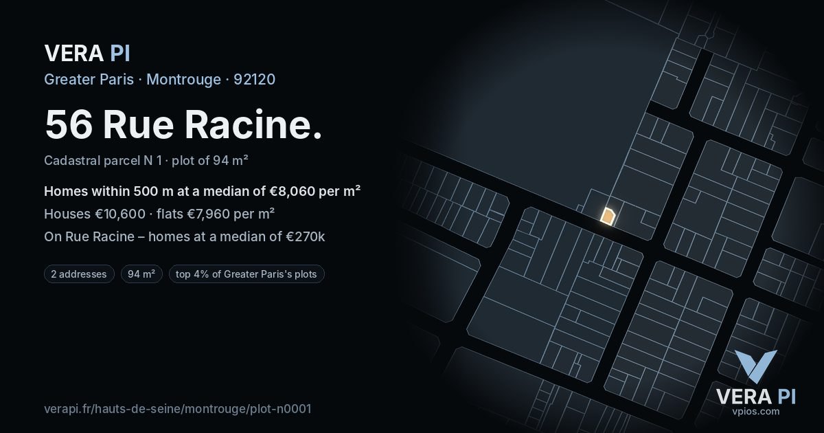 56 Rue Racine, Montrouge at night – the plot lit, the parcels around coloured by the prices near them
