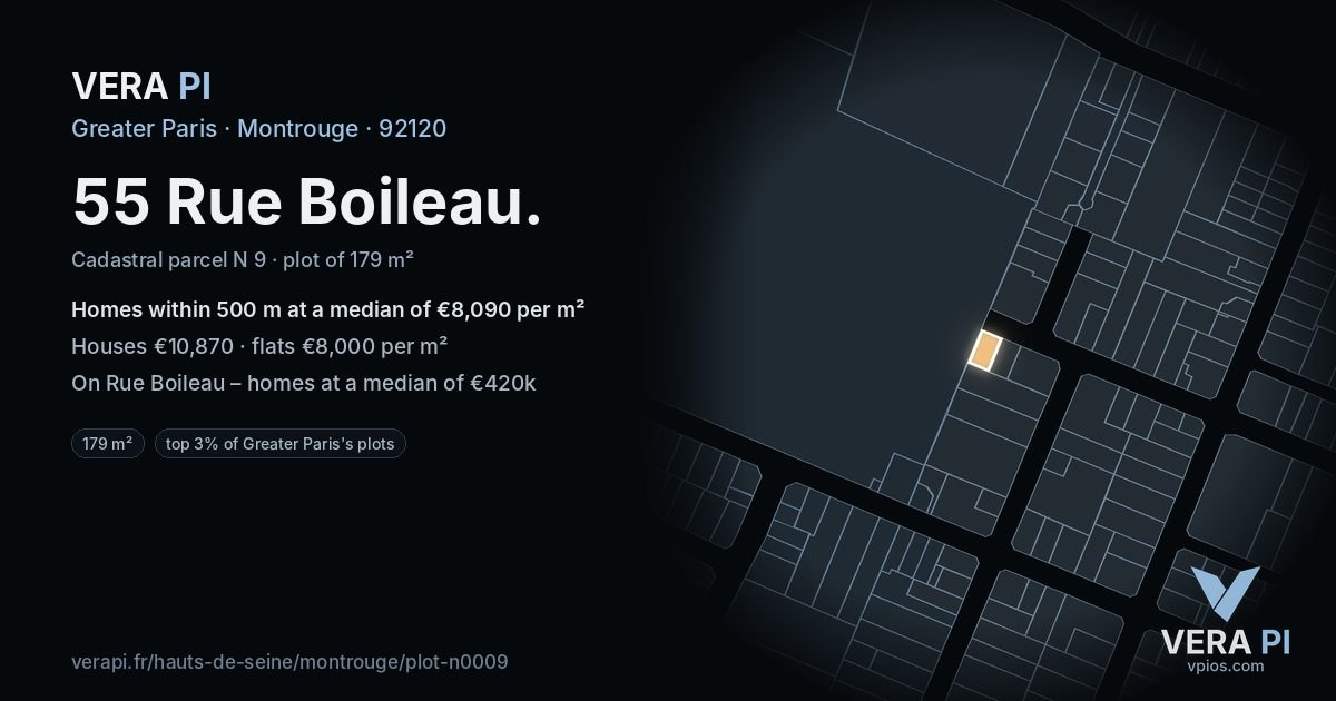 55 Rue Boileau, Montrouge at night – the plot lit, the parcels around coloured by the prices near them