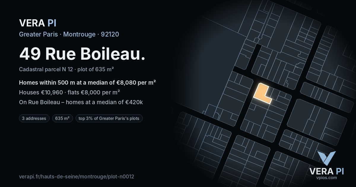 49 Rue Boileau, Montrouge at night – the plot lit, the parcels around coloured by the prices near them