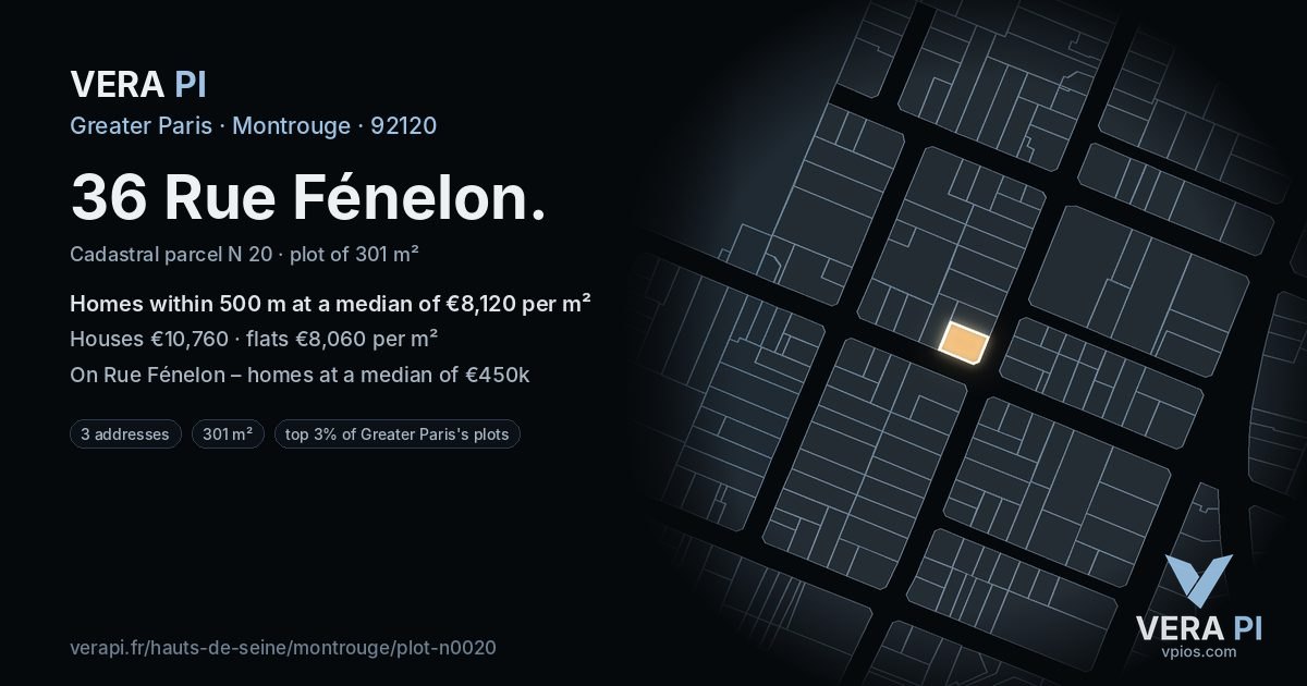 36 Rue Fénelon, Montrouge at night – the plot lit, the parcels around coloured by the prices near them