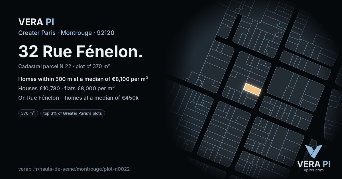 32 Rue Fénelon, Montrouge at night – the plot lit, the parcels around coloured by the prices near them