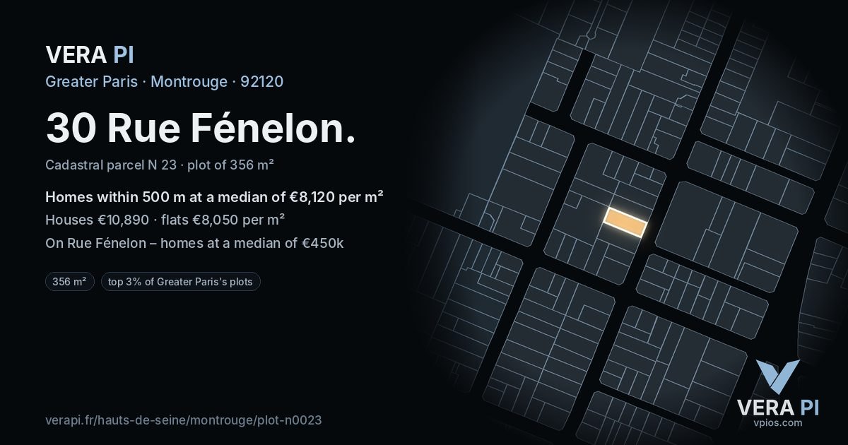 30 Rue Fénelon, Montrouge at night – the plot lit, the parcels around coloured by the prices near them