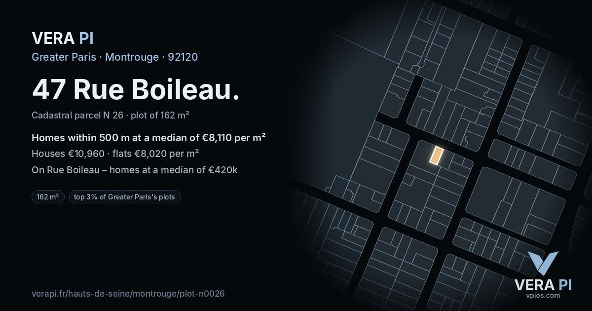 47 Rue Boileau, Montrouge at night – the plot lit, the parcels around coloured by the prices near them