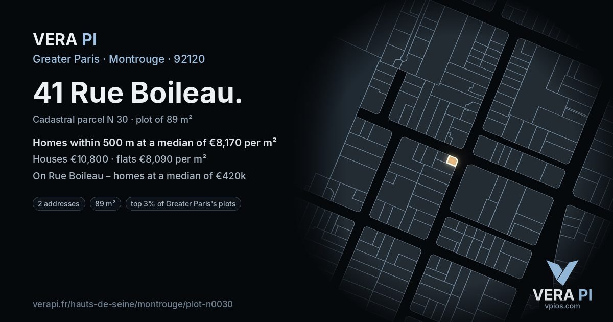 41 Rue Boileau, Montrouge at night – the plot lit, the parcels around coloured by the prices near them