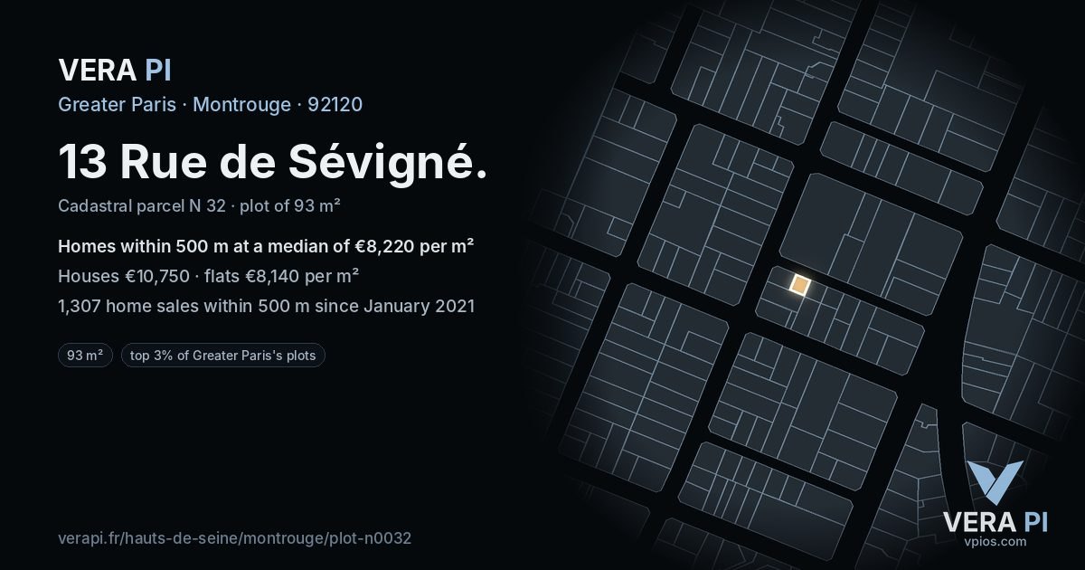 13 Rue de Sévigné, Montrouge at night – the plot lit, the parcels around coloured by the prices near them