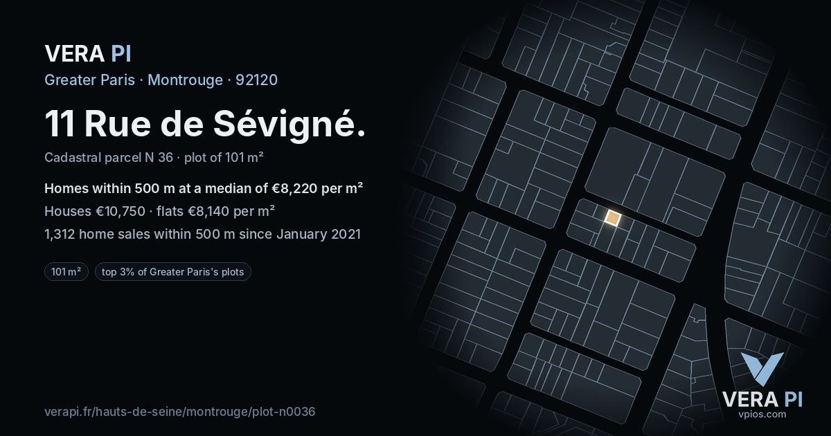 11 Rue de Sévigné, Montrouge at night – the plot lit, the parcels around coloured by the prices near them