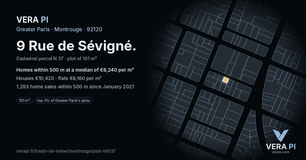 9 Rue de Sévigné, Montrouge at night – the plot lit, the parcels around coloured by the prices near them