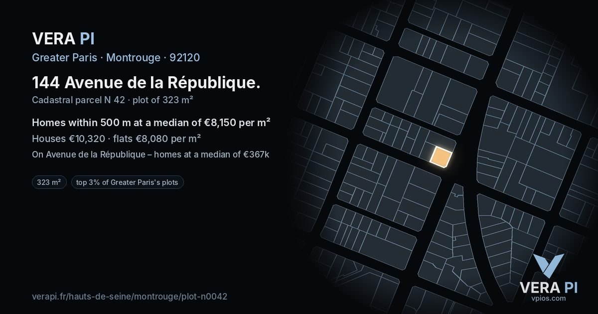 144 Avenue de la République, Montrouge at night – the plot lit, the parcels around coloured by the prices near them