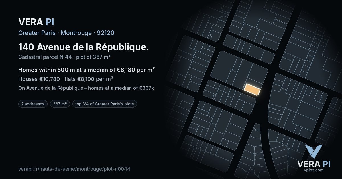140 Avenue de la République, Montrouge at night – the plot lit, the parcels around coloured by the prices near them