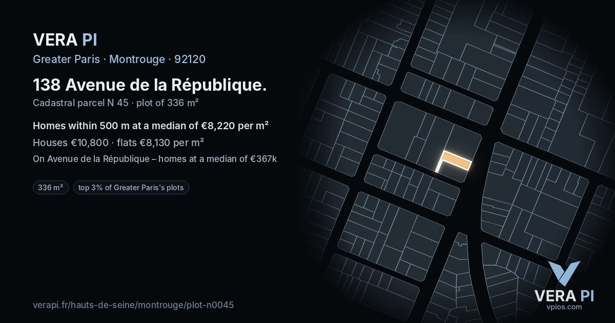 138 Avenue de la République, Montrouge at night – the plot lit, the parcels around coloured by the prices near them