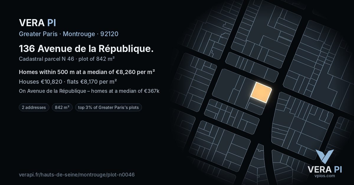 136 Avenue de la République, Montrouge at night – the plot lit, the parcels around coloured by the prices near them