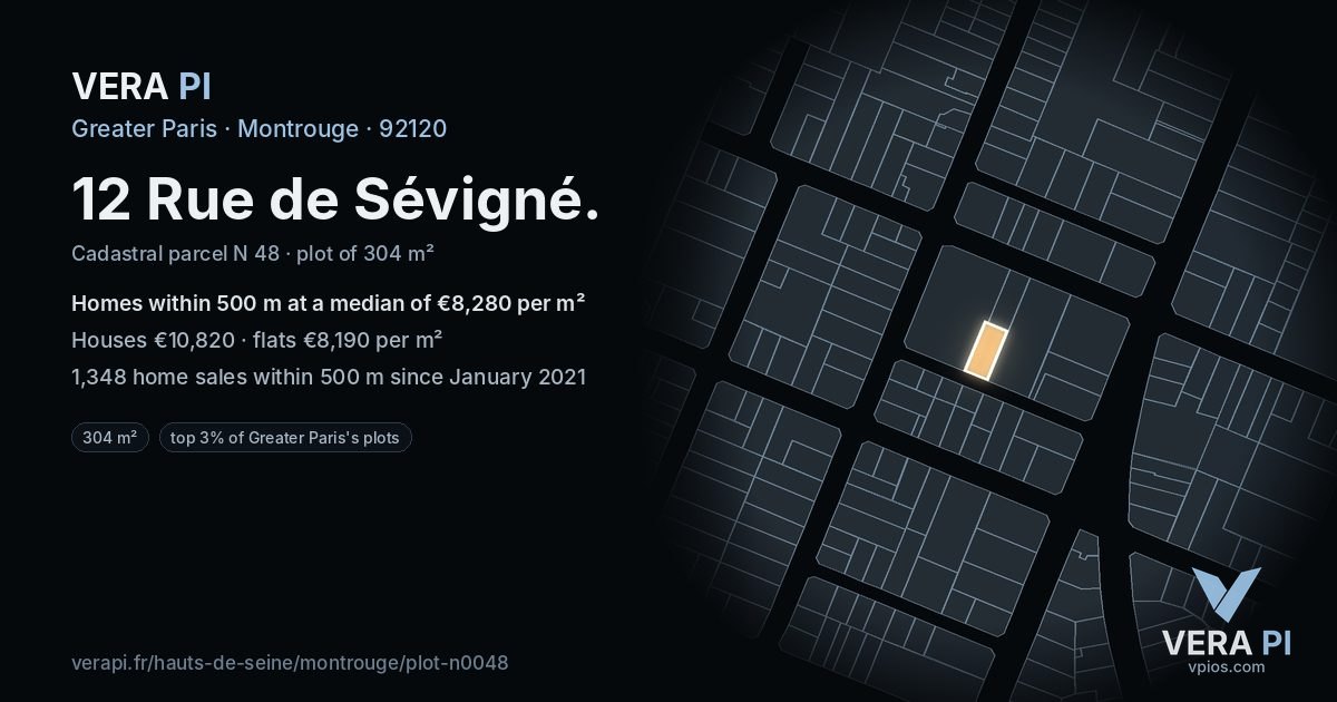 12 Rue de Sévigné, Montrouge at night – the plot lit, the parcels around coloured by the prices near them