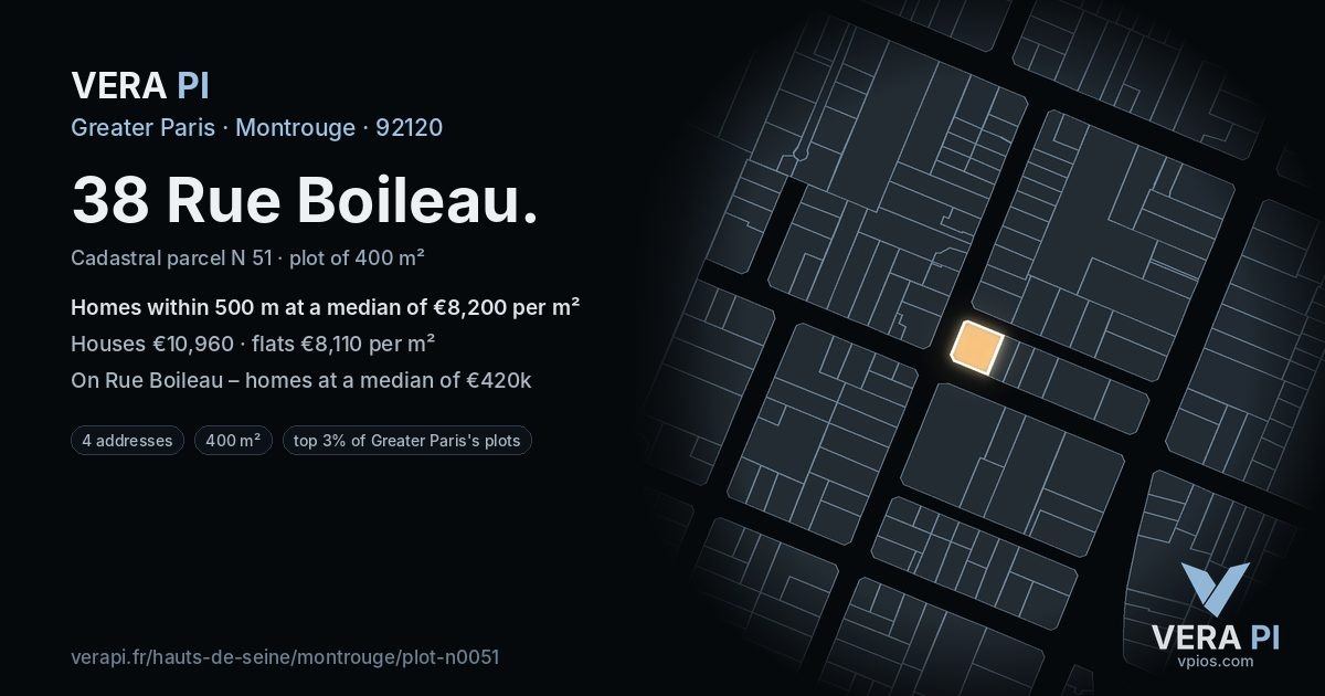 38 Rue Boileau, Montrouge at night – the plot lit, the parcels around coloured by the prices near them