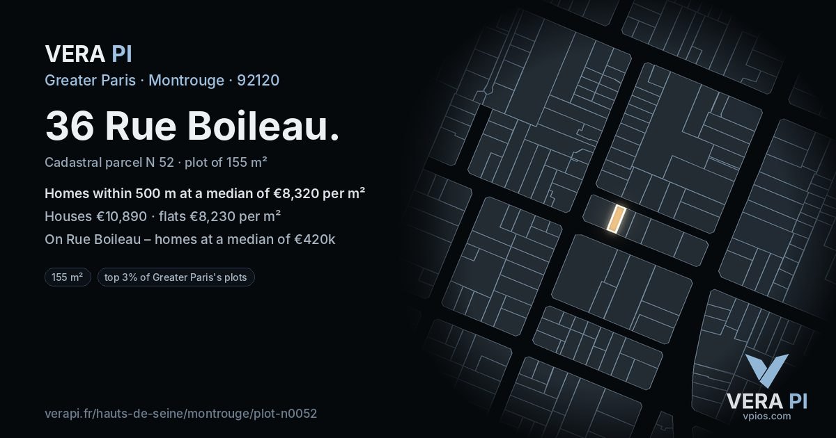 36 Rue Boileau, Montrouge at night – the plot lit, the parcels around coloured by the prices near them