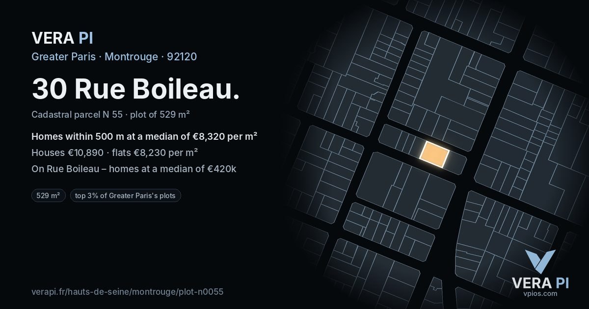 30 Rue Boileau, Montrouge at night – the plot lit, the parcels around coloured by the prices near them
