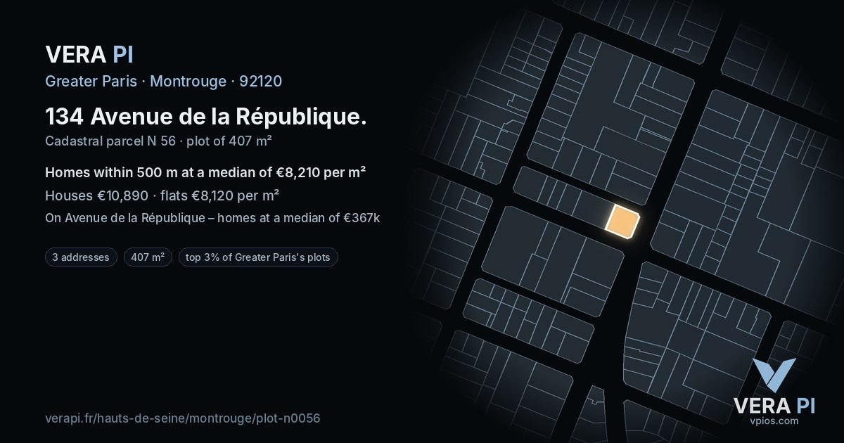134 Avenue de la République, Montrouge at night – the plot lit, the parcels around coloured by the prices near them
