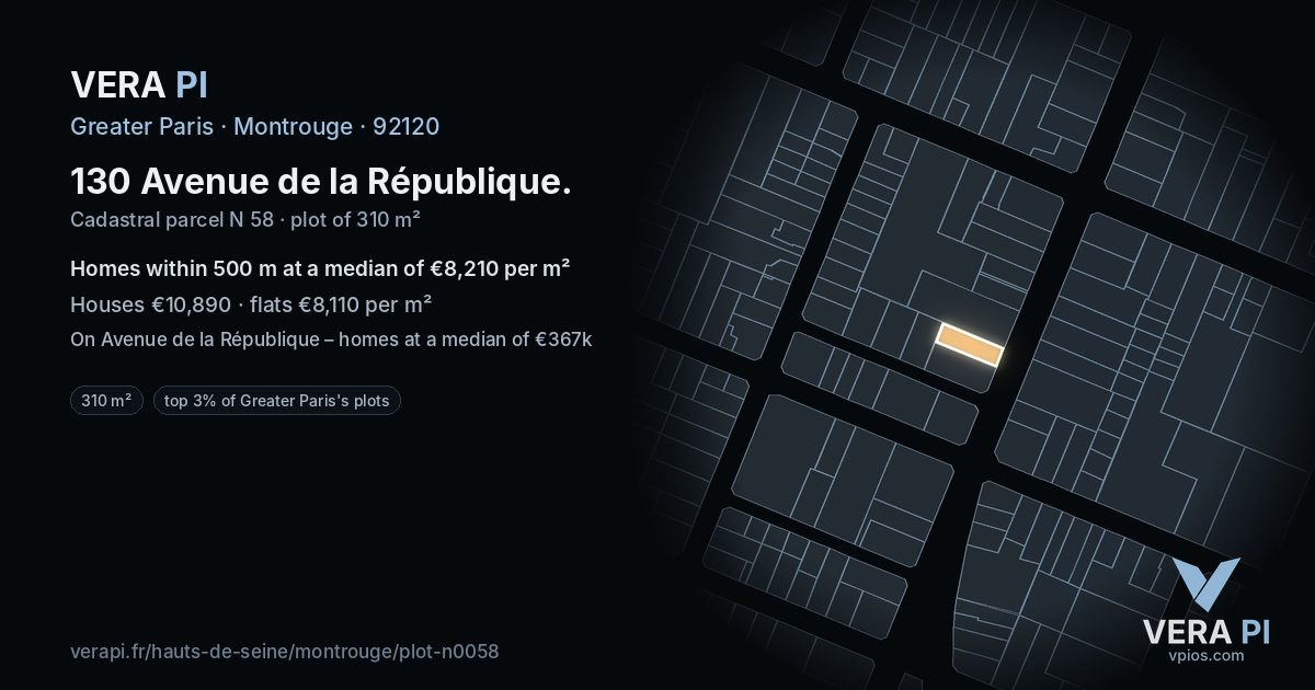 130 Avenue de la République, Montrouge at night – the plot lit, the parcels around coloured by the prices near them
