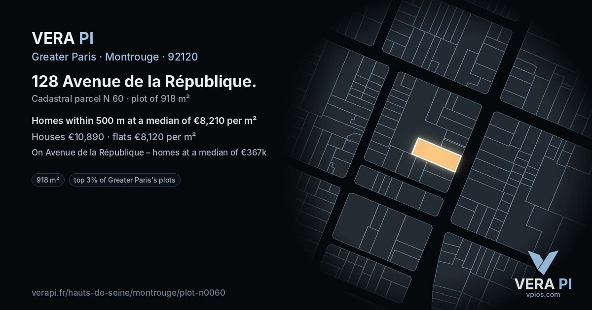 128 Avenue de la République, Montrouge at night – the plot lit, the parcels around coloured by the prices near them