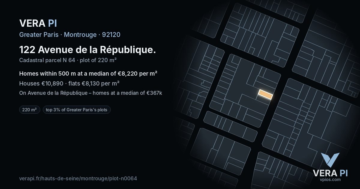 122 Avenue de la République, Montrouge at night – the plot lit, the parcels around coloured by the prices near them