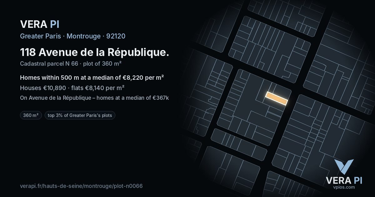 118 Avenue de la République, Montrouge at night – the plot lit, the parcels around coloured by the prices near them