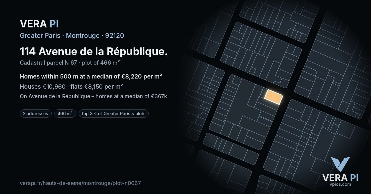 114 Avenue de la République, Montrouge at night – the plot lit, the parcels around coloured by the prices near them
