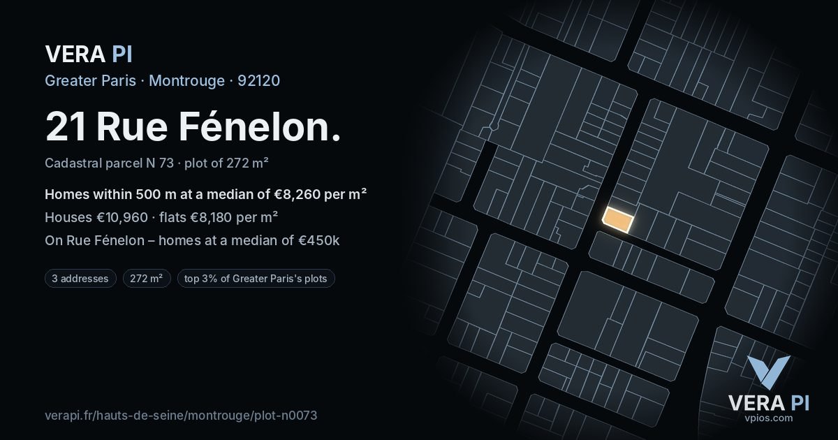 21 Rue Fénelon, Montrouge at night – the plot lit, the parcels around coloured by the prices near them