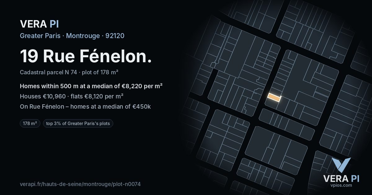 19 Rue Fénelon, Montrouge at night – the plot lit, the parcels around coloured by the prices near them