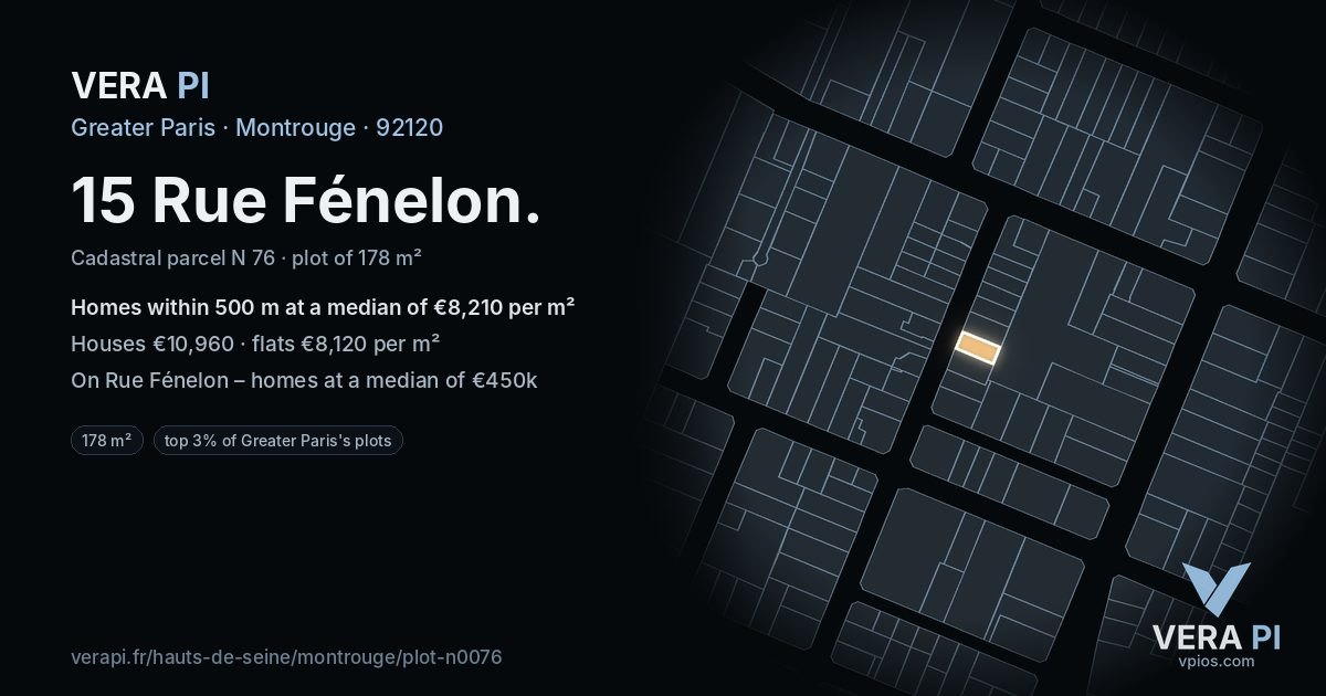15 Rue Fénelon, Montrouge at night – the plot lit, the parcels around coloured by the prices near them