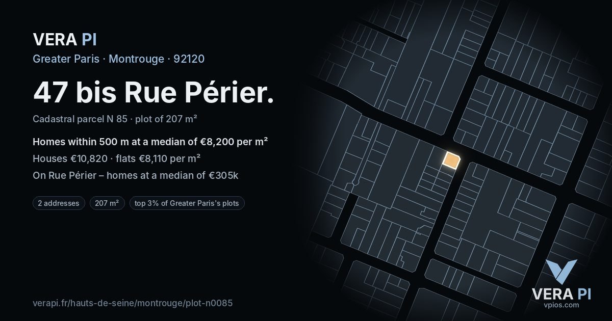 47 bis Rue Périer, Montrouge at night – the plot lit, the parcels around coloured by the prices near them