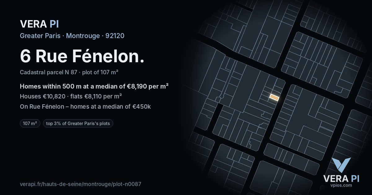 6 Rue Fénelon, Montrouge at night – the plot lit, the parcels around coloured by the prices near them