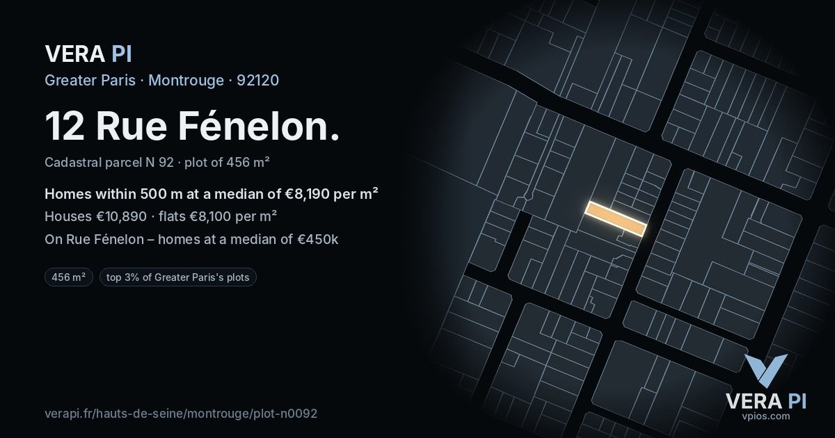 12 Rue Fénelon, Montrouge at night – the plot lit, the parcels around coloured by the prices near them