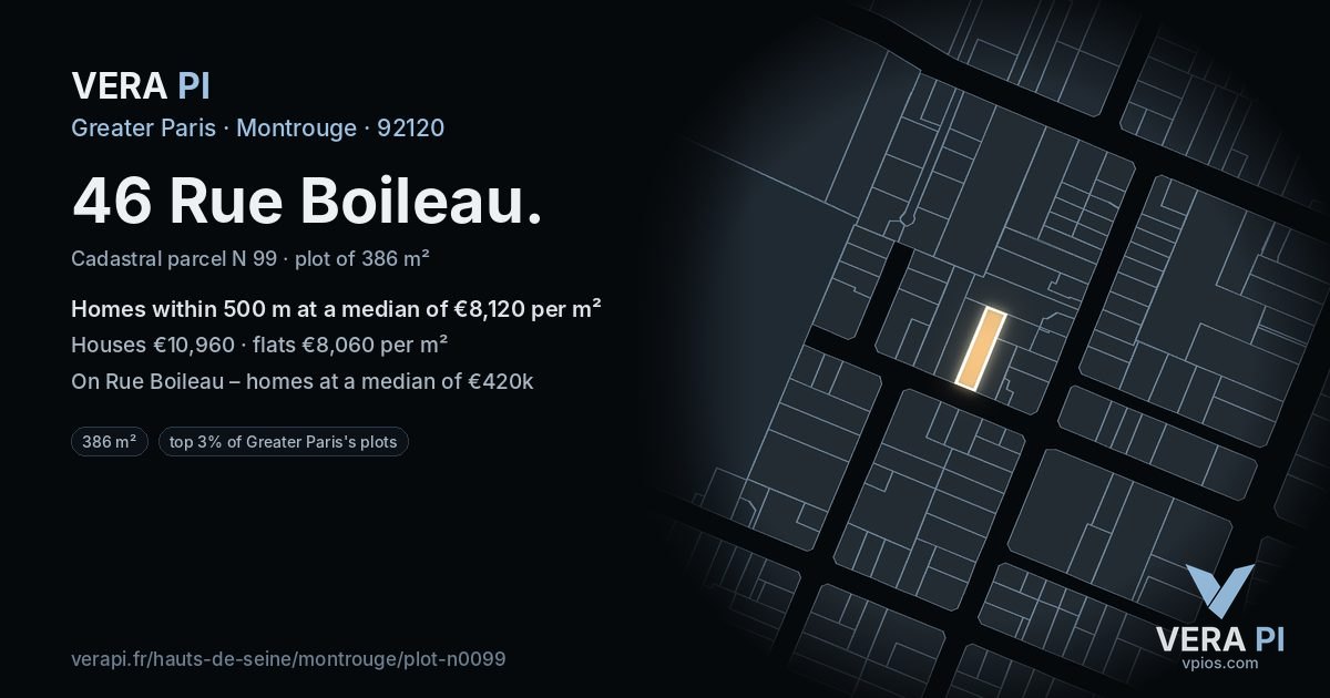 46 Rue Boileau, Montrouge at night – the plot lit, the parcels around coloured by the prices near them