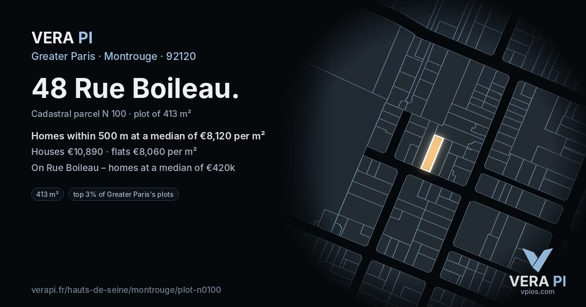 48 Rue Boileau, Montrouge at night – the plot lit, the parcels around coloured by the prices near them