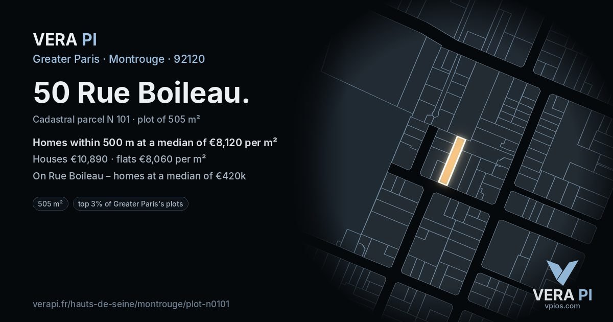 50 Rue Boileau, Montrouge at night – the plot lit, the parcels around coloured by the prices near them