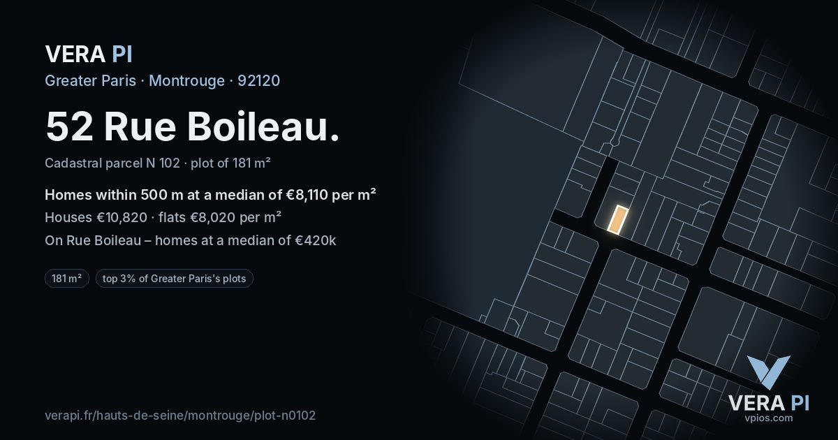 52 Rue Boileau, Montrouge at night – the plot lit, the parcels around coloured by the prices near them