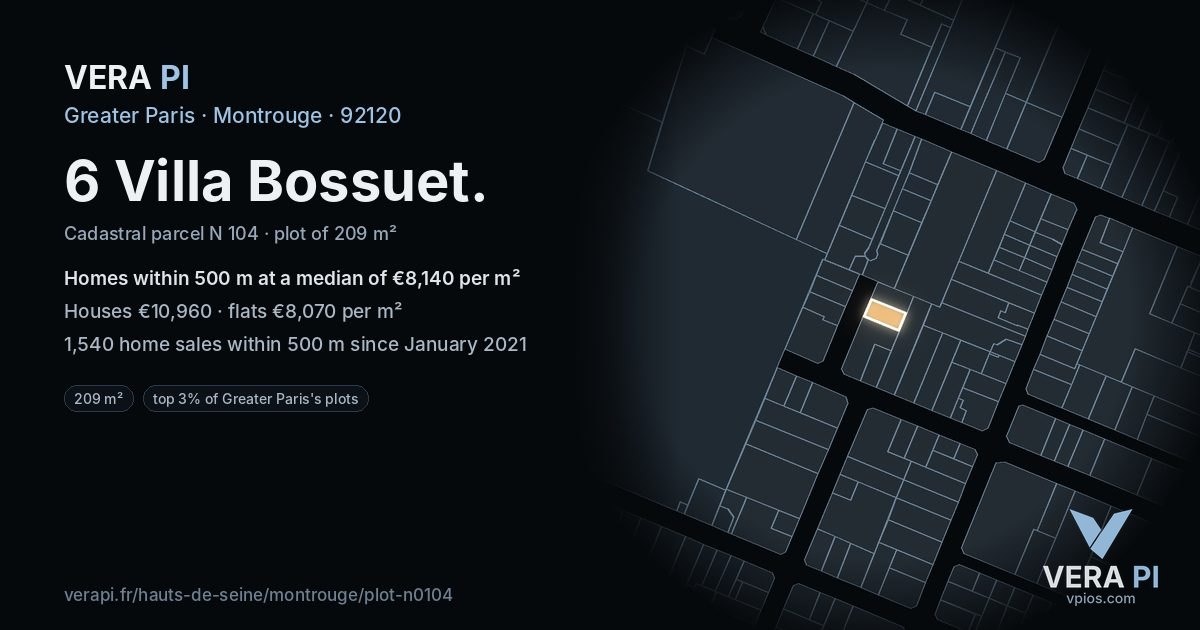 6 Villa Bossuet, Montrouge at night – the plot lit, the parcels around coloured by the prices near them