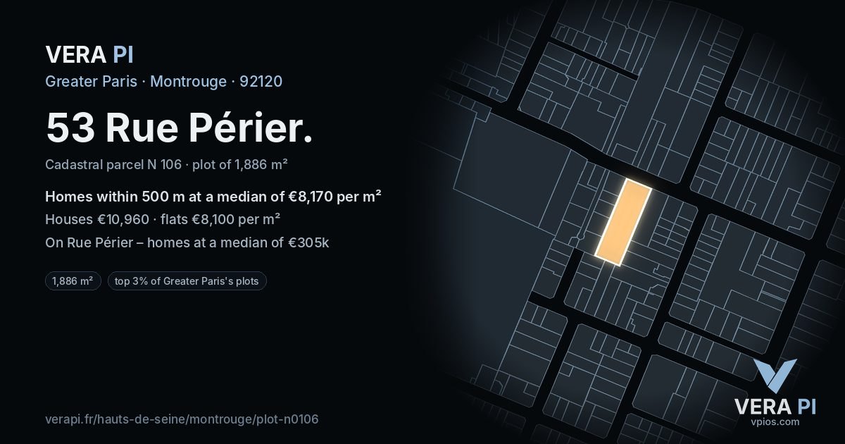 53 Rue Périer, Montrouge at night – the plot lit, the parcels around coloured by the prices near them