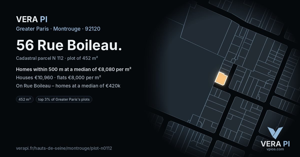 56 Rue Boileau, Montrouge at night – the plot lit, the parcels around coloured by the prices near them