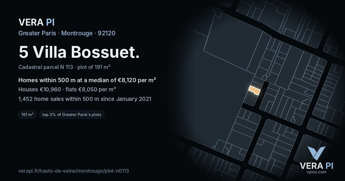 5 Villa Bossuet, Montrouge at night – the plot lit, the parcels around coloured by the prices near them