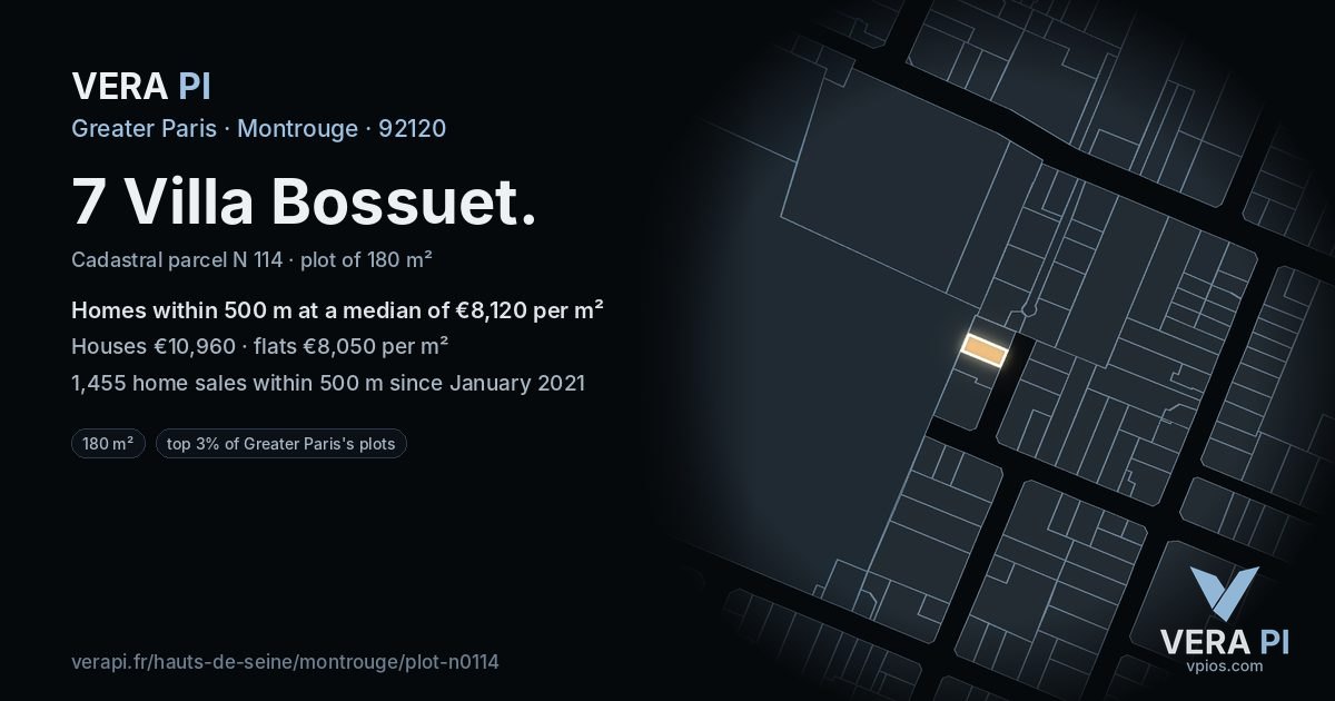 7 Villa Bossuet, Montrouge at night – the plot lit, the parcels around coloured by the prices near them
