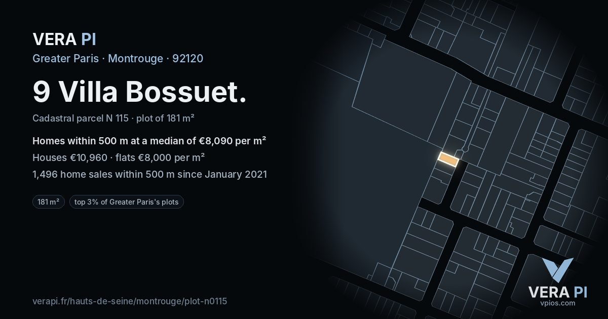 9 Villa Bossuet, Montrouge at night – the plot lit, the parcels around coloured by the prices near them